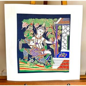 Vintage Hand-Painted Thai Textile Art Ramakien Hanuman Scene Wall Art